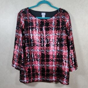 01108 Chico's red, black & white Plaid Sequin Party Tee 3 XL NWT